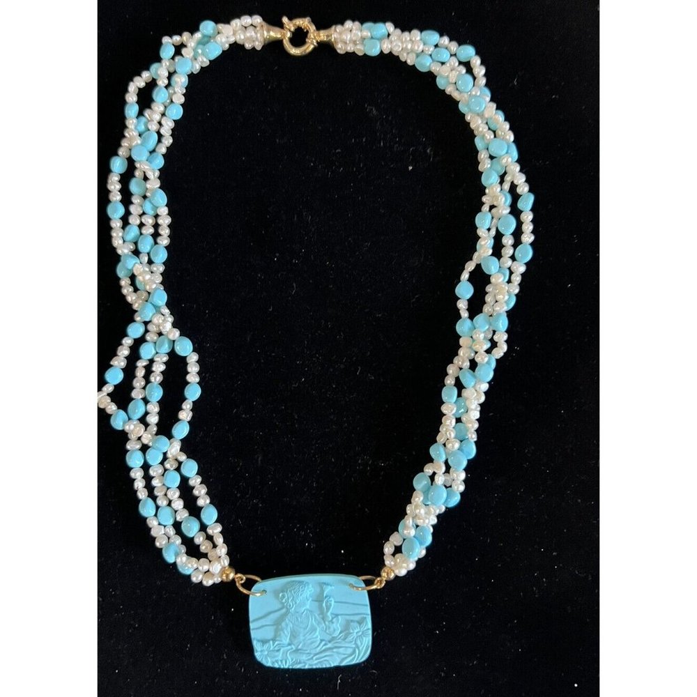 Ross Simons 4 Strand  Seed Pearl & Blue Stone Necklace W/Carved Pendant